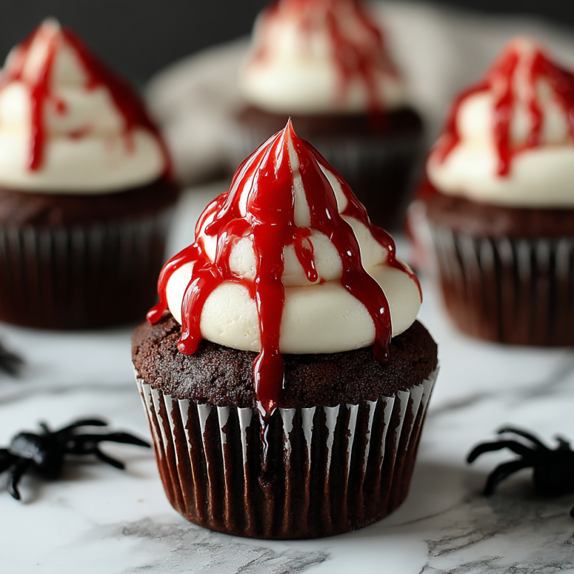 A cupcake with red frosting and a vampire bite decoration.