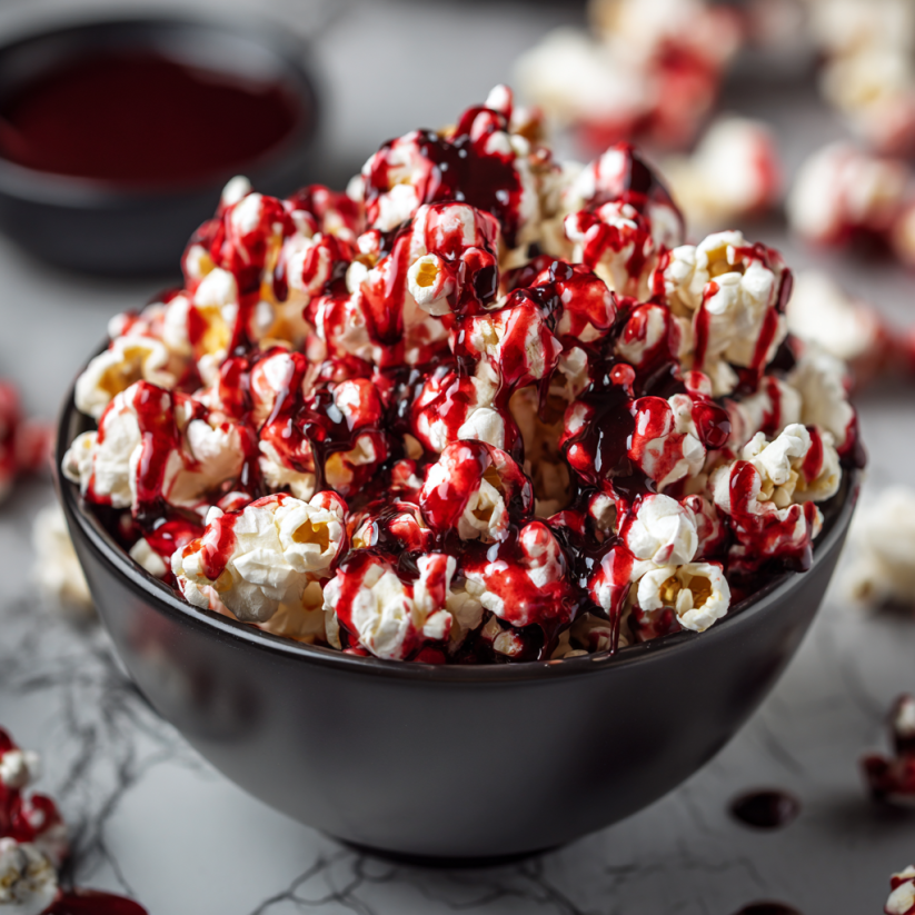 A bowl of popcorn with red sauce on top.