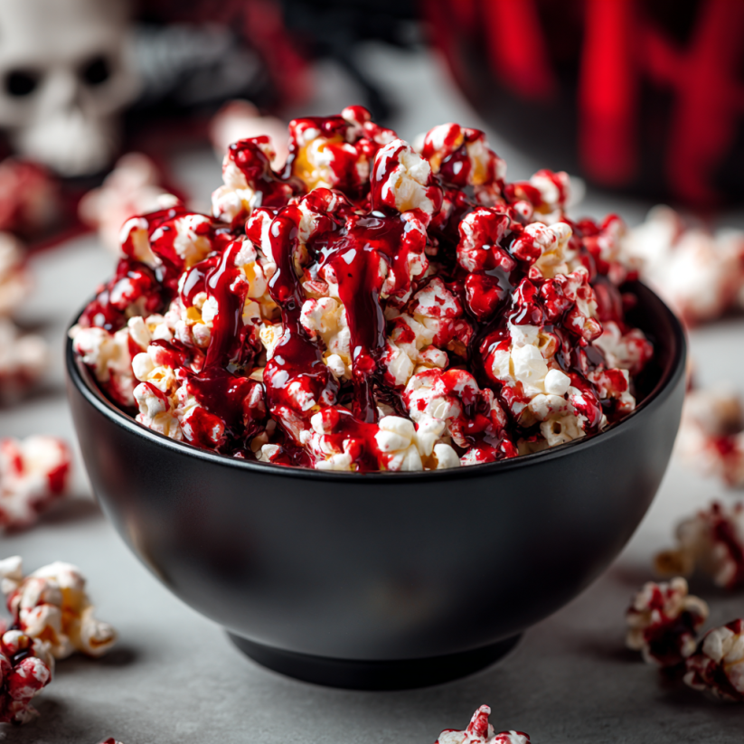 A bowl of popcorn with red liquid in it.