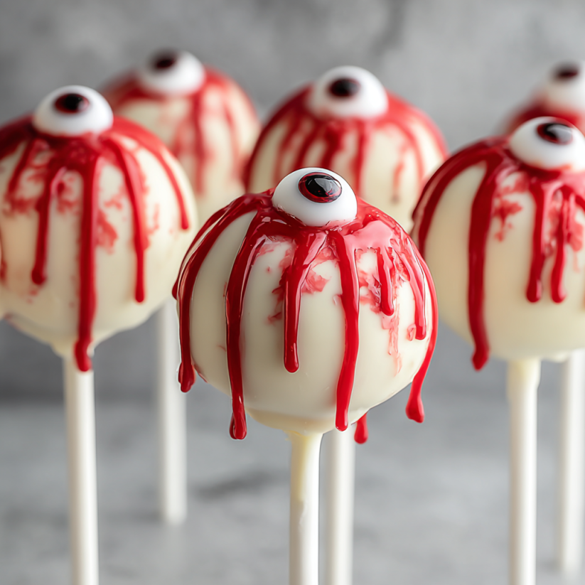 A group of cake pops with red icing and eyeball toppings.