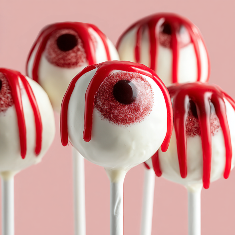 A group of cake pops with red icing and white eyes.