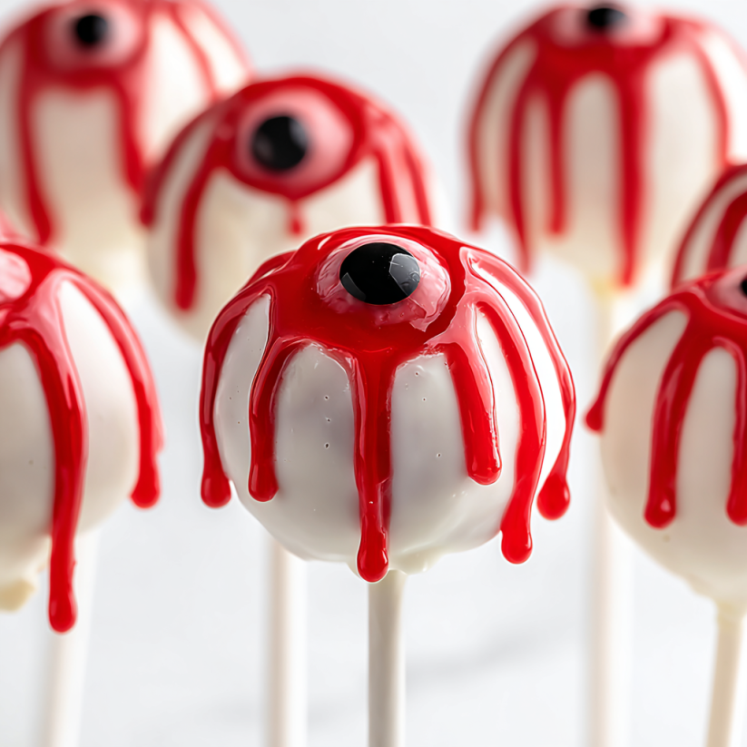 A group of cake pops with red icing and black eyes.