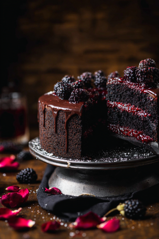 A slice of chocolate cake with blackberries on top.
