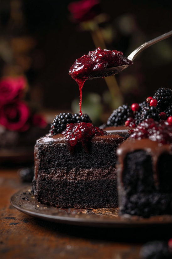 A slice of chocolate cake with raspberries and blackberries.