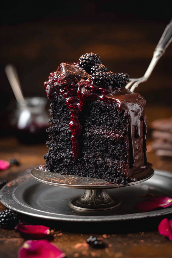 A slice of a black velvet cake with berries on top.