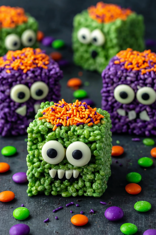 Green and purple monster rice krispie treats.
