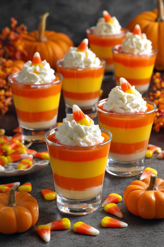 A row of candy corn jello cups.