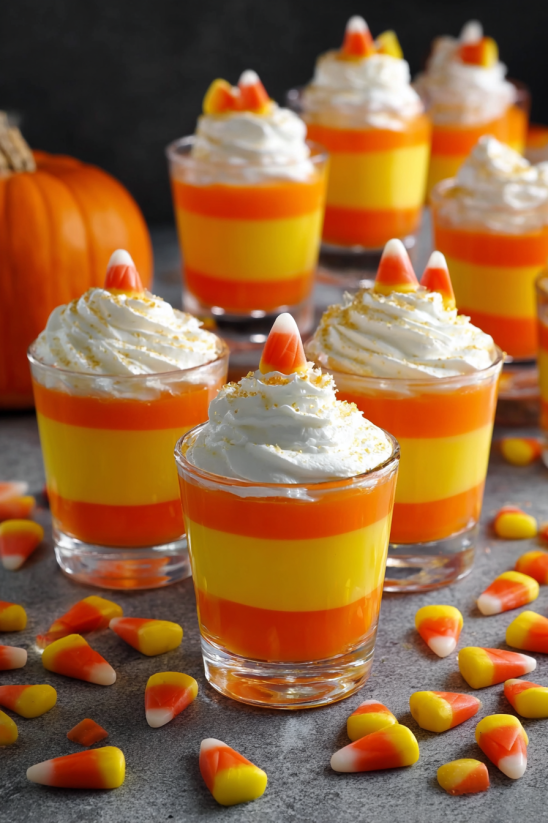 Yellow and orange candy corn jello cups.