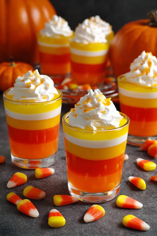 Three glasses filled with candy corn jello.
