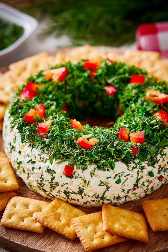 A Christmas cheese ball wreath.