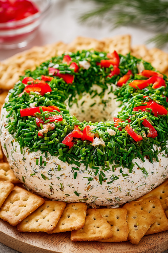 A Christmas cheese ball wreath.