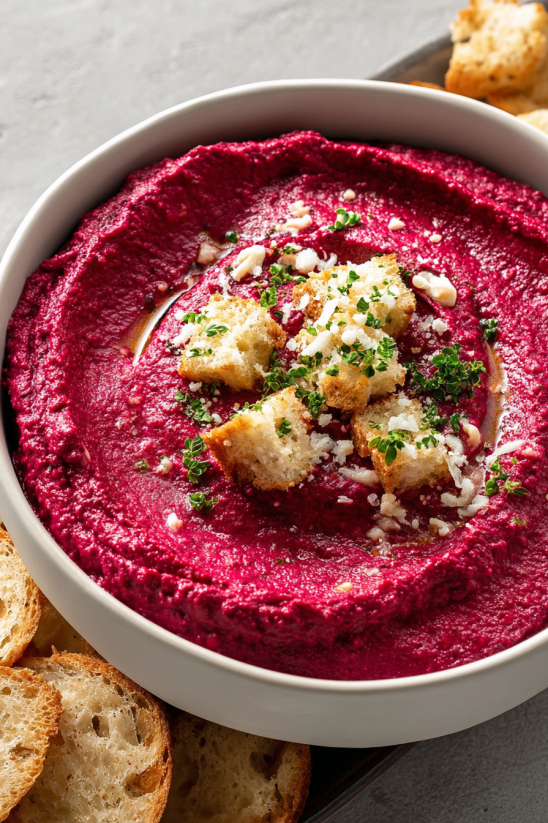 A bowl of beetroot hummus with bread.