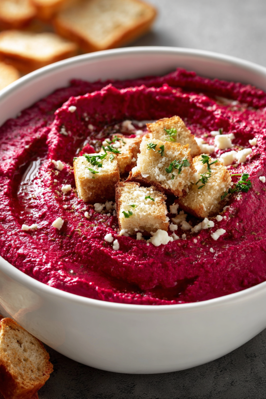 A bowl of hummus with bread cubes on top.