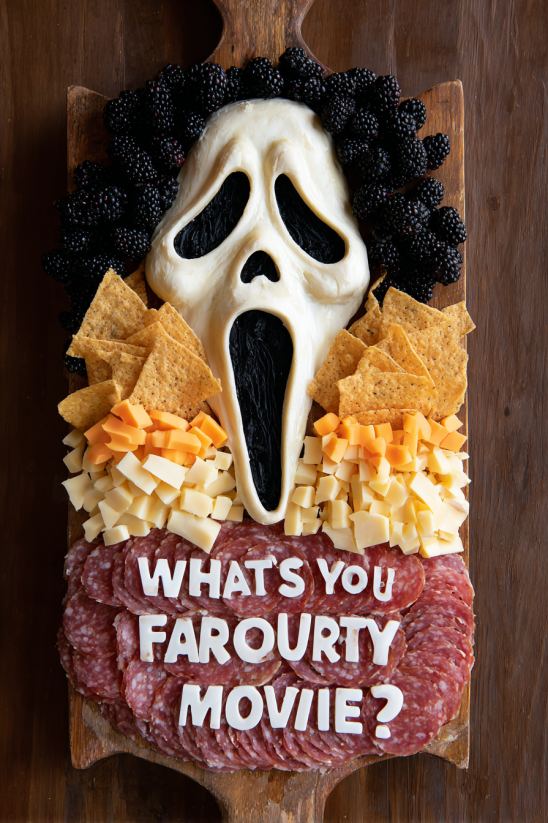 A Halloween charcuterie board with a screaming face made of cheese.