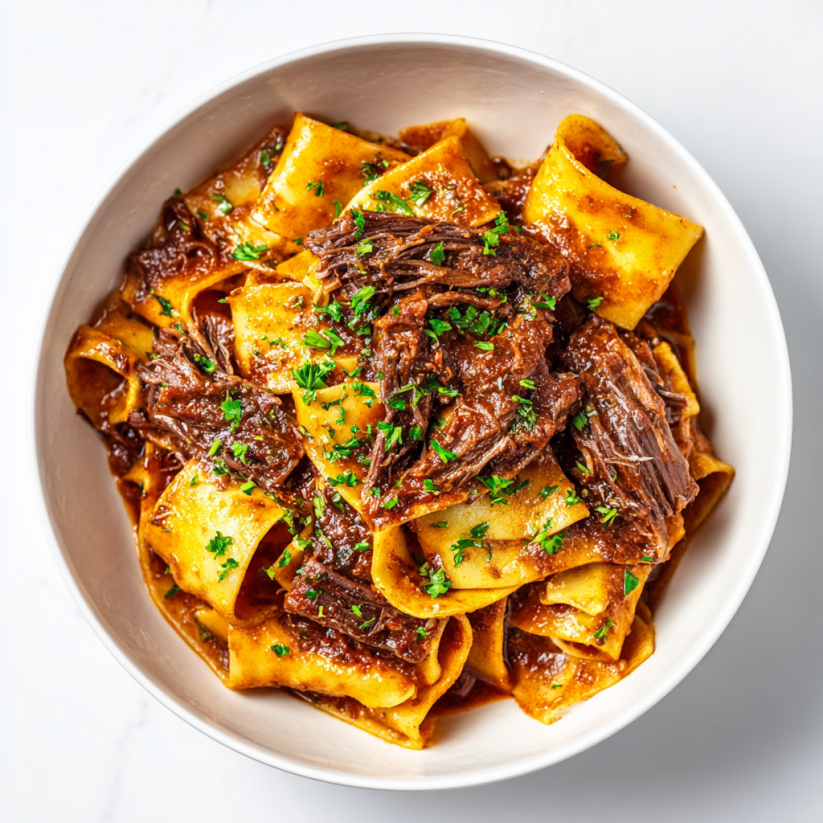 A bowl of pasta with meat sauce.