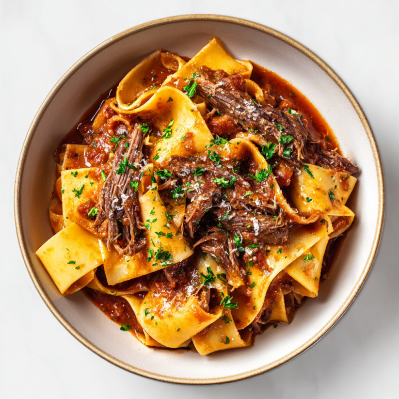 A bowl of pasta with meat sauce.