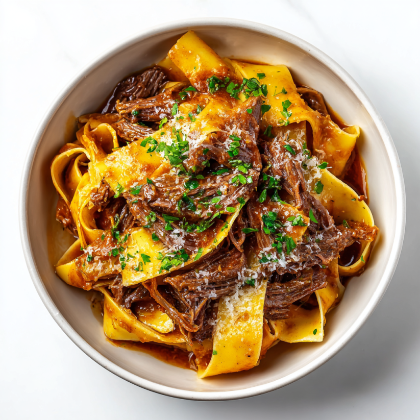 A bowl of pasta with meat and cheese.