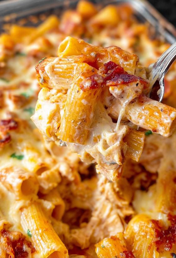A fork is holding a piece of buffalo chicken mac and cheese.