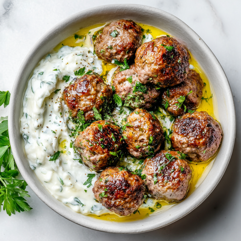 A bowl of meatballs with a white sauce.