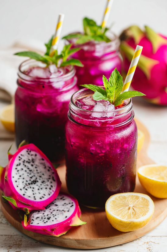 A glass of Starbucks Mango Dragon Fruit Lemonade.