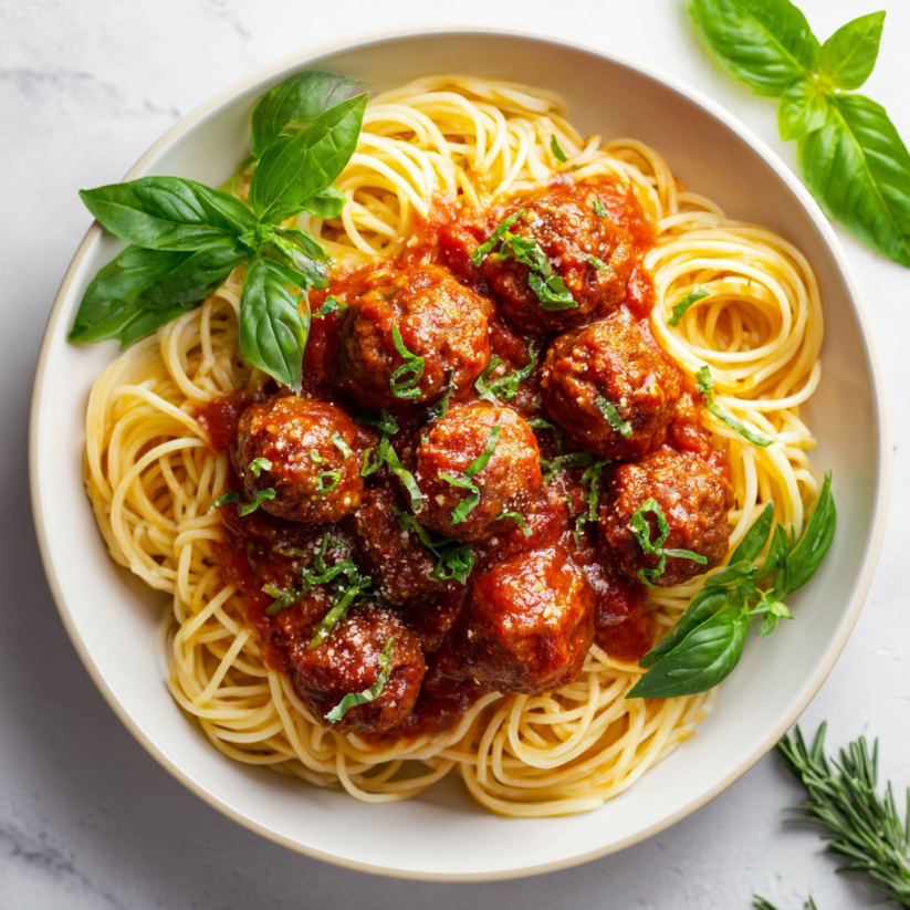 A bowl of pasta with meatballs in tomato sauce.