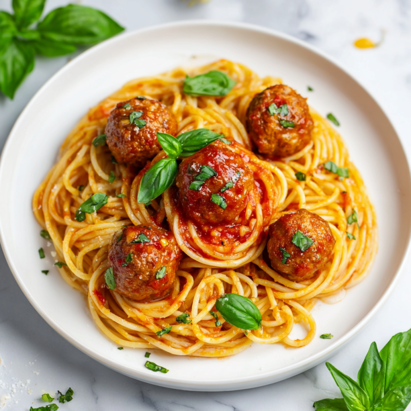 A plate of spaghetti with meatballs and sauce.