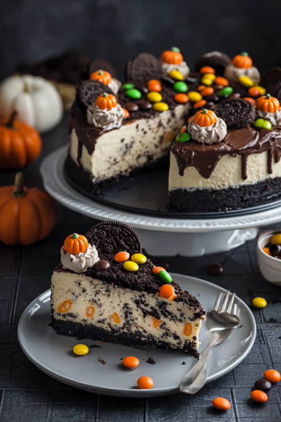 A slice of Halloween Funfetti Cheesecake.