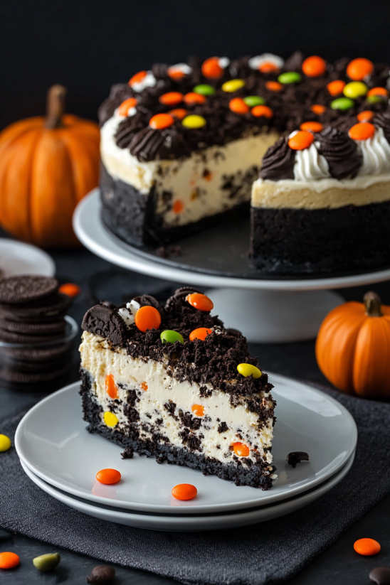 A slice of Halloween Funfetti Cheesecake.