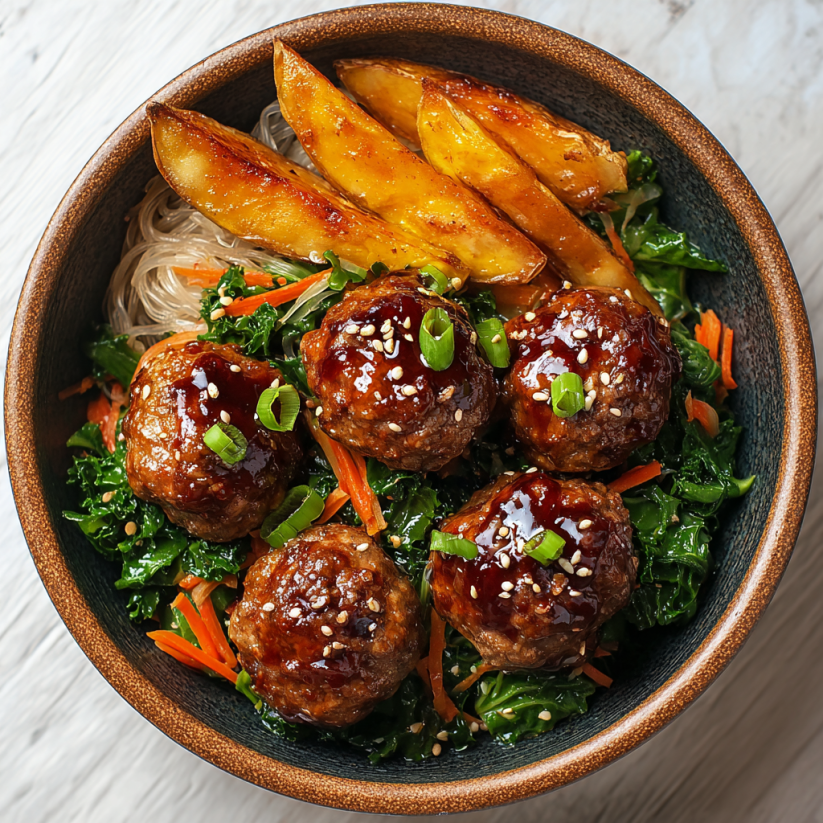 A bowl of meatballs with sauce and vegetables.