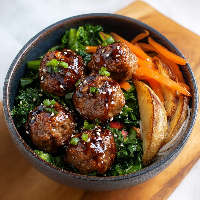 A bowl of meatballs with sauce and vegetables.