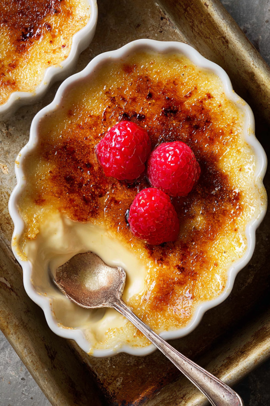 A French Creme Brûlée with raspberries on top.