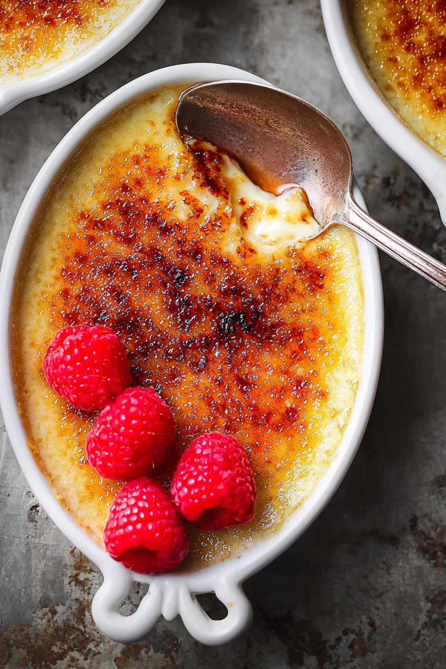 A bowl of French Creme Brûlée with a spoon in it.