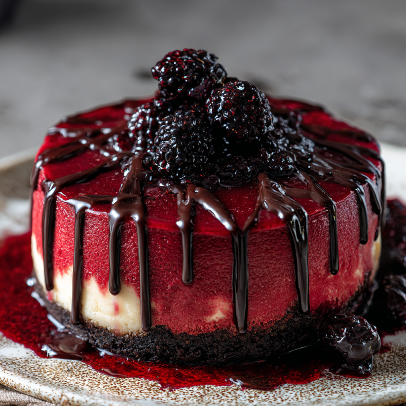 A slice of red velvet cheesecake with chocolate drizzle and blackberries on top.