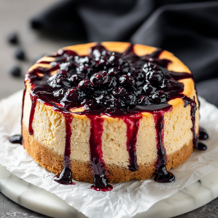 A slice of bloody berry cheesecake.