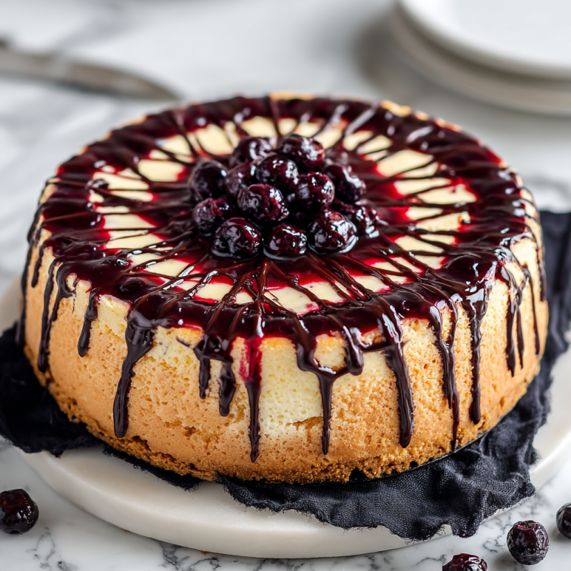 A slice of bloody berry cheesecake.
