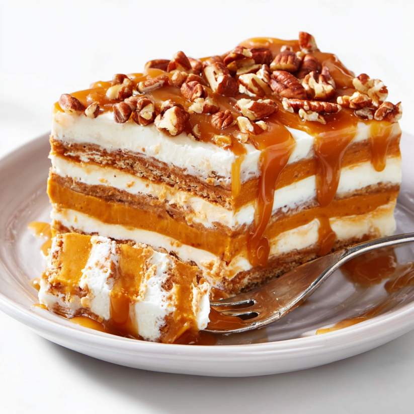 A slice of pumpkin cheesecake lasagna.