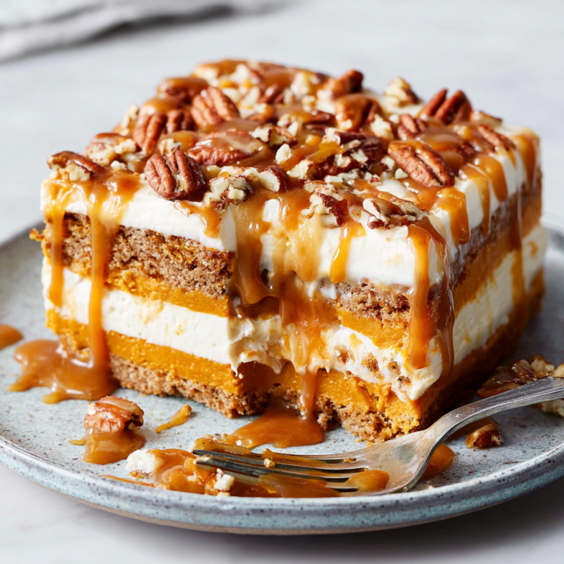 A slice of pumpkin cheesecake lasagna.