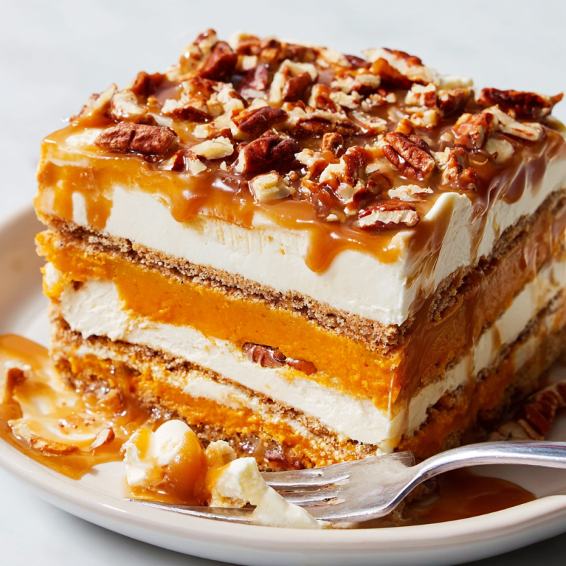 A slice of pumpkin cheesecake lasagna.