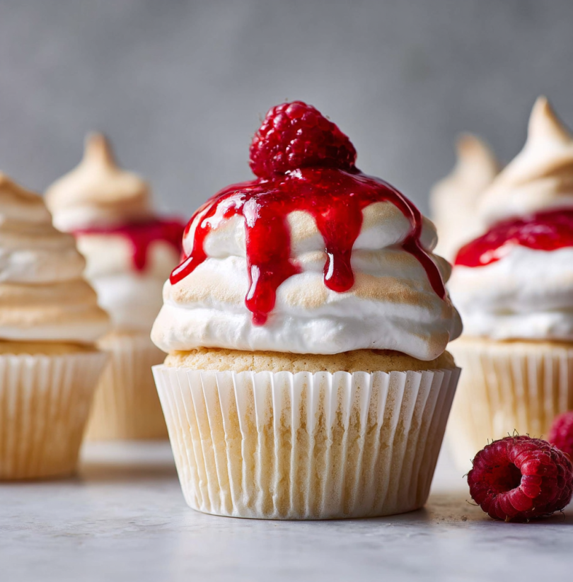 A cupcake with a raspberry sauce on top.