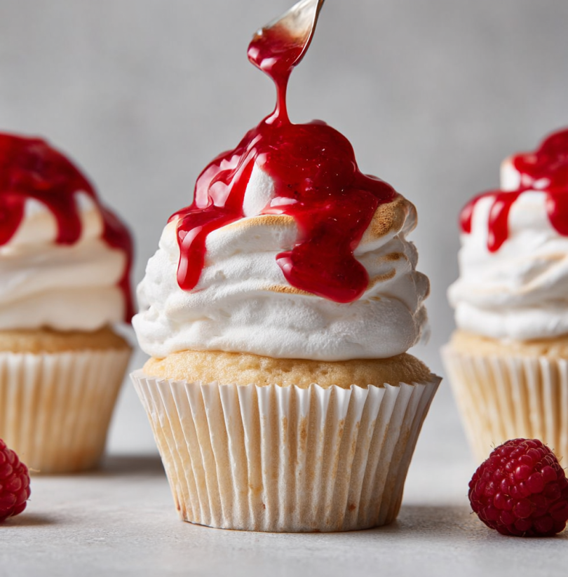 Three cupcakes with red sauce on top.
