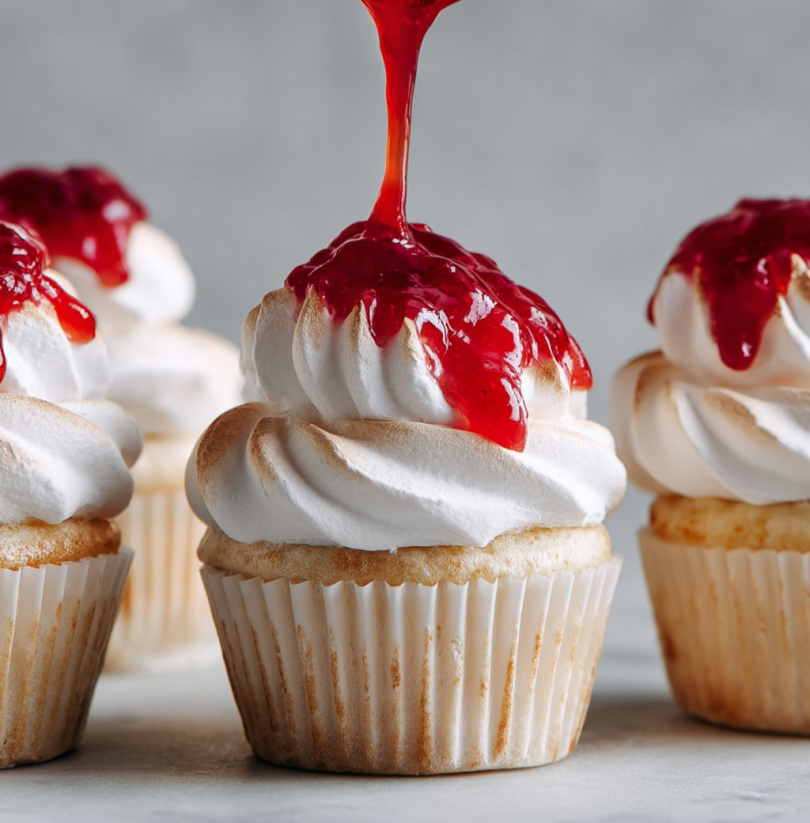 Three cupcakes with white frosting and red sauce.