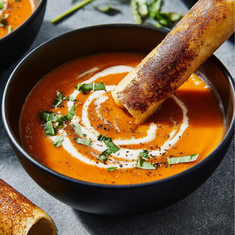 A bowl of soup with a spoon in it.