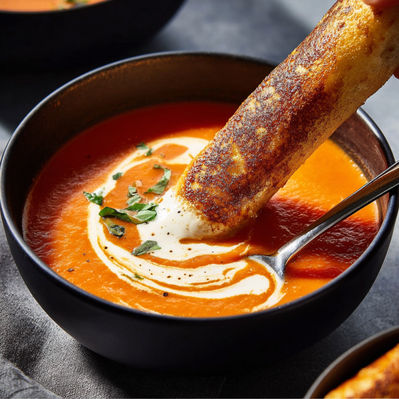 A bowl of soup with a spoon in it.