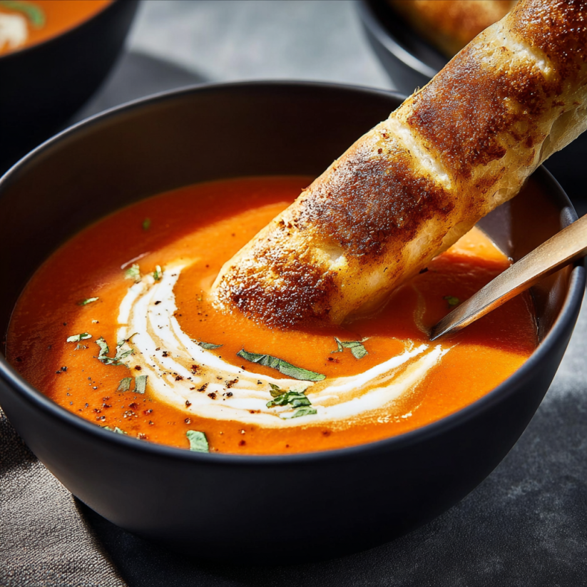 A bowl of soup with a grilled cheese stick in it.