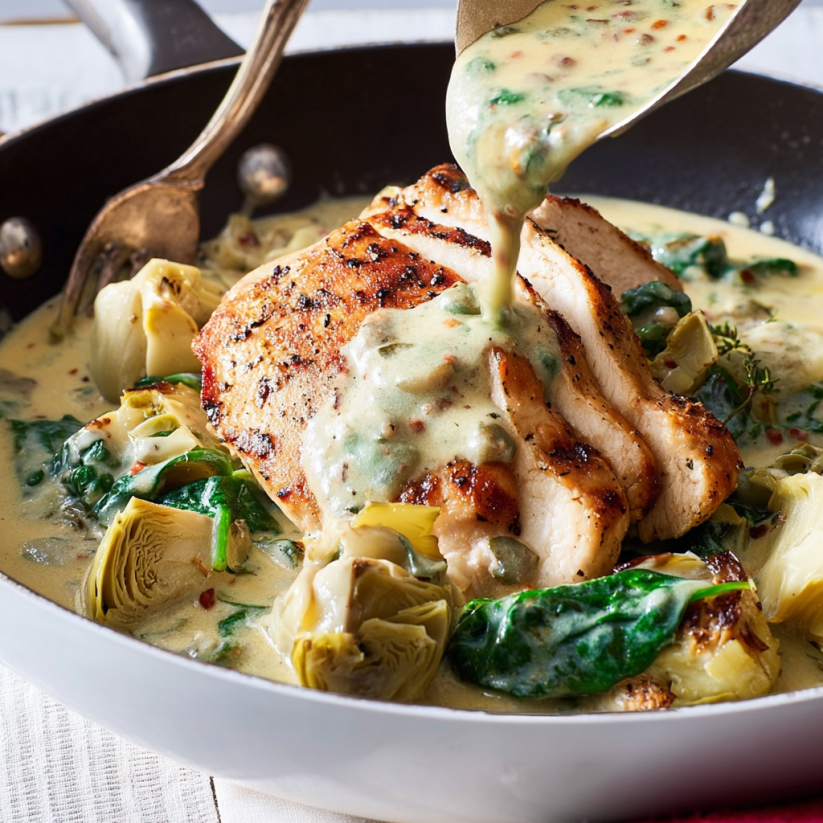 A pan of food with a spoon in it.