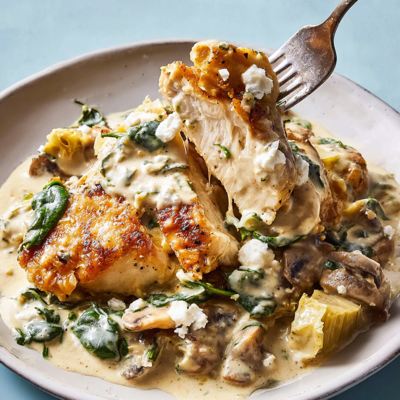 A plate of food with chicken and gnocchi.
