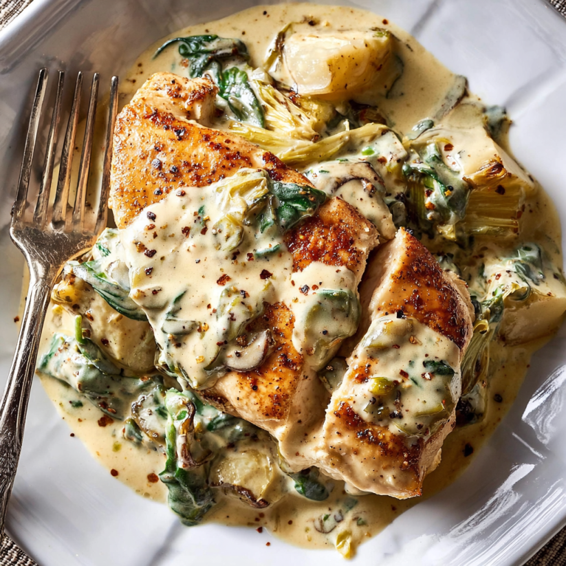 A plate of food with chicken and gnocchi.