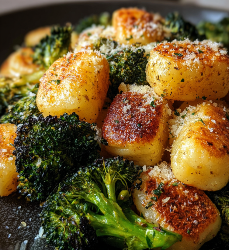 A plate of roasted potatoes and broccoli.