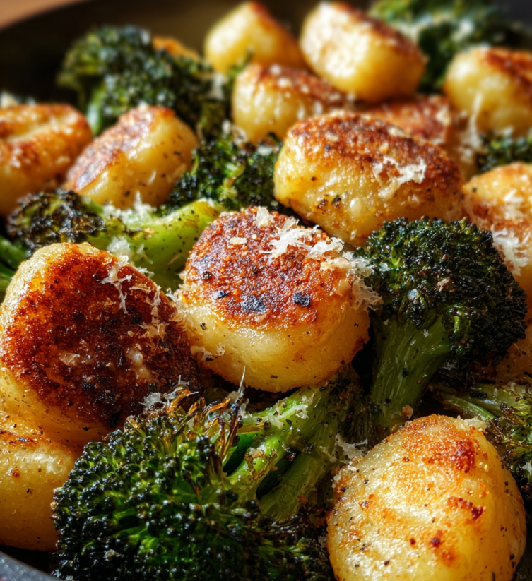 A dish of roasted Parmesan potatoes and broccoli.