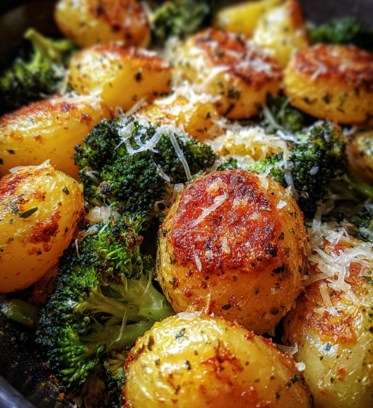 A close up of roasted potatoes and broccoli.